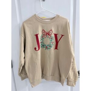 State of Mine JOY Christmas Wreath Sweatshirt Tan Beige Holiday Pullover Medium